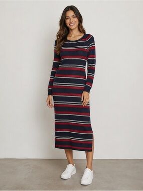 NWT Lane Bryant Sweater Dress Red, White and Navy Blue Stripped Ribbed Knit
